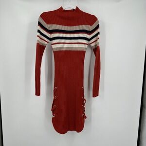 Womens Y2K Sweater Dress Size M‎ Rib Knit Striped High Neck Lace Up Sporty Retro